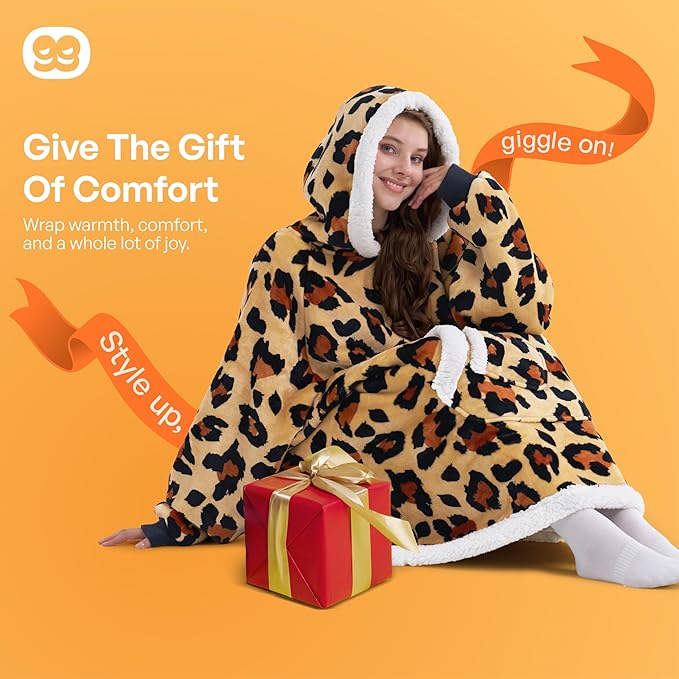 Giggling Getup Wearable Blanket Hoodie for Adults Gifts for Teen Girls Sister Women Sherpa Fleece Printed Hooded Blanket Sweatshirt Warm Cozy with Pocket & Sleeves Brown Leopard