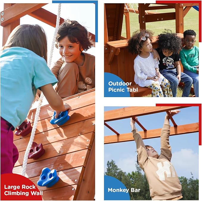 Dolphin Playground Wooden Swing Sets, Monkey bar, Plank Bridge with Rope Mesh, 2 Wave Slides, Large Climbing Wall, Outdoor Table, Saucer Swing, Playground Sets for Backyards, Outdoor Playset