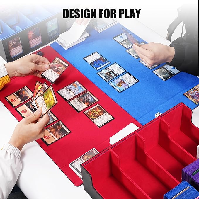 Trading Card Storage Box with Commander Display , 4-Row Deck Case with Removable Lid; 2400+ Card Deck Box for MTG TCG Sports Card, 4 Top Loaders, 4 Stoppers, 24 Dividers,1 Dice Bag (Black Blue)