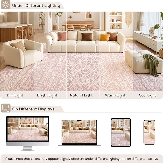 Nakagishi Area Rug Living Room Rugs: 9x12 Large Soft Machine Washable Boho Moroccan FarmNeutral Stain Resistant Indoor Floor Carpet for Bedroom Under Dining Table Home Office Decor-Pink