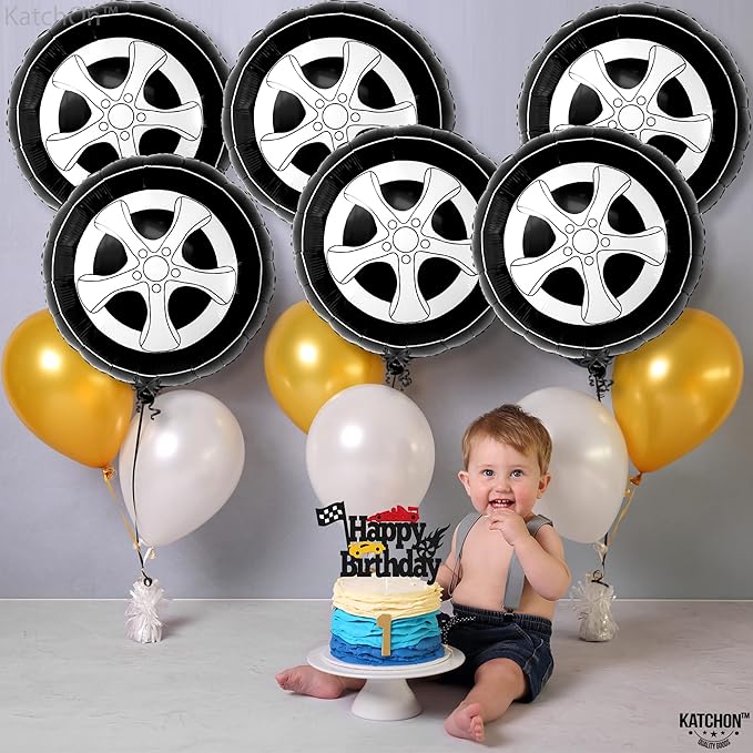 KatchOn, Big Tire Balloons for Birthday Boy Decorations - 18 Inch, Pack of 6 | Wheels Balloons for Two Fast Birthday Decorations | Race Car Birthday Party Decorations | Auto Mechanic Party Decorations
