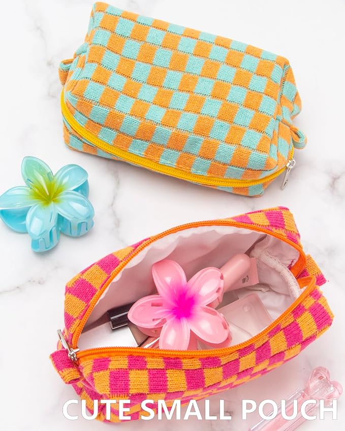 PAZIMIIK Checkered Makeup Bag for Purse Portable Zipper Make Up Pouch Small Cosmetic Case for Travel Red Orange