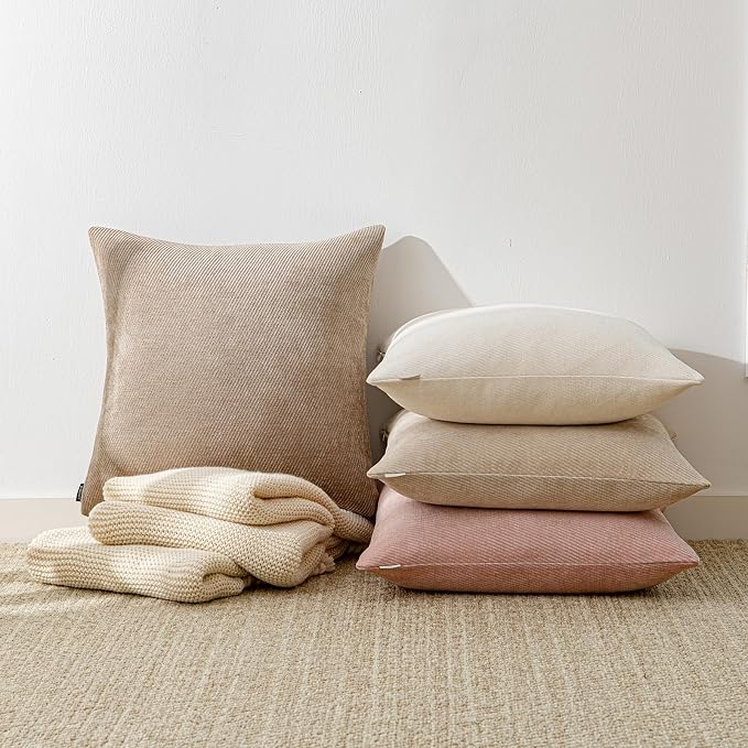 a moment Pack of 2 Decorative Chenille Throw Pillow Covers with Twill Cushion Covers for Sofa Living Room Couch Bed 12x20 Inch Light Brown