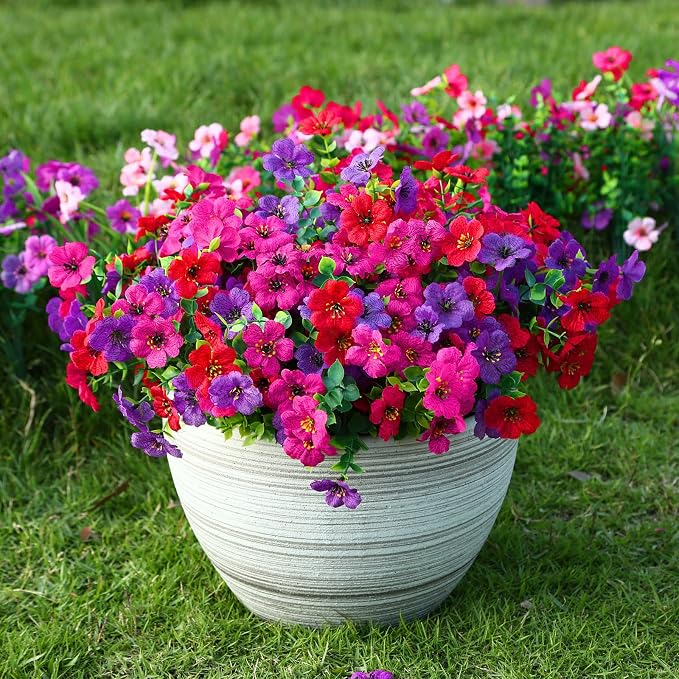 Alupssuc 48 Bundles Artificial Daisy Flowers UV Resistant for Outdoor Decor | Silk & Plastic, Spring Faux Plants Greenery, Bendable Stems, for Porch Patio Hanging Window Planter Yard Outside, 3 Colors