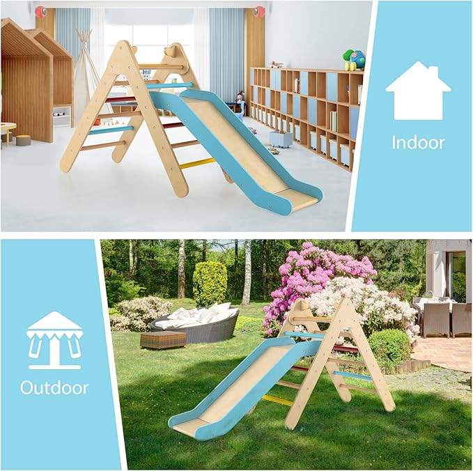 OLAKIDS Pikler Triangle Set 2 in 1 Climbing Toys for Toddlers Foldable Wood Montessori Baby Jungle Gym with Ladder Ramp Slide Kids Indoor Playground Activity Play Structure