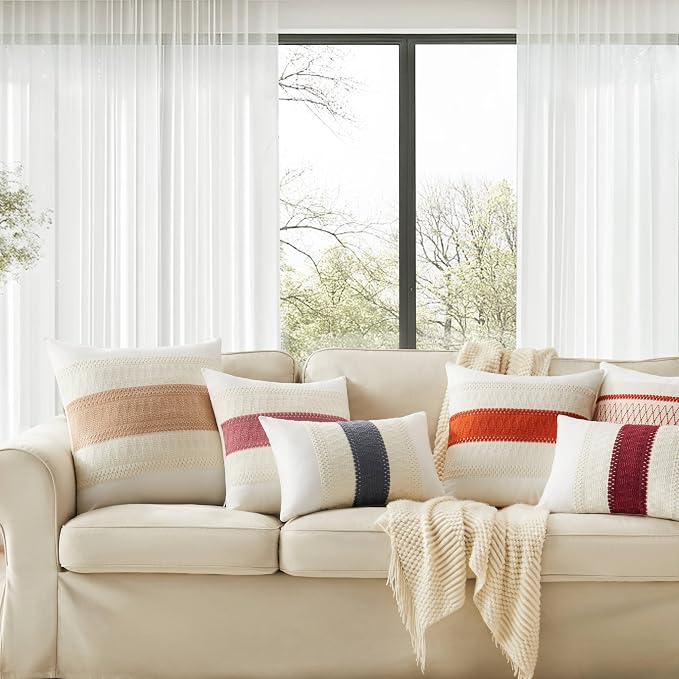 2pk Boho Pillow Covers 24x24, Natural White/Contrast/Dusty Pink | 100% Organic Cotton Body, Stripe Embroidery, Farmhouse Decorative Cushion Covers for Sofa Bed Living Room Home Decor