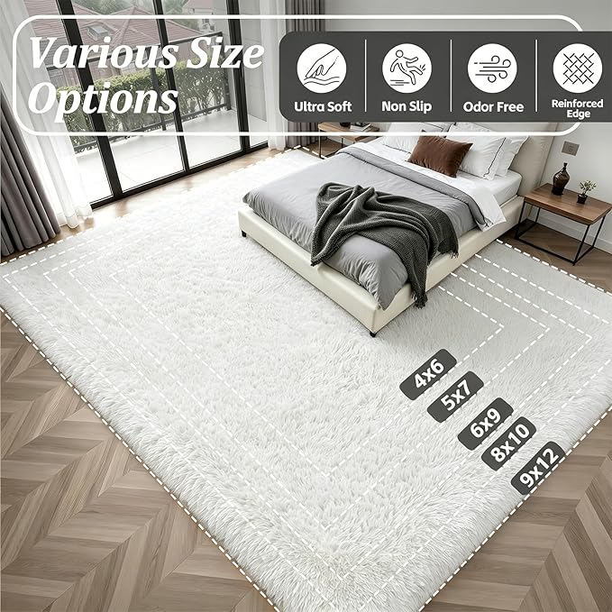 Fluffy Area Rugs 9x12 Living Room Bedroom: Ultra Soft Shag Rug Upgrade Non-Slip Non-Shedding Large Fuzzy Plush Carpet Indoor Floor Carpets for Kids Room Playroom Nursery Dorms Home Decor Ivory