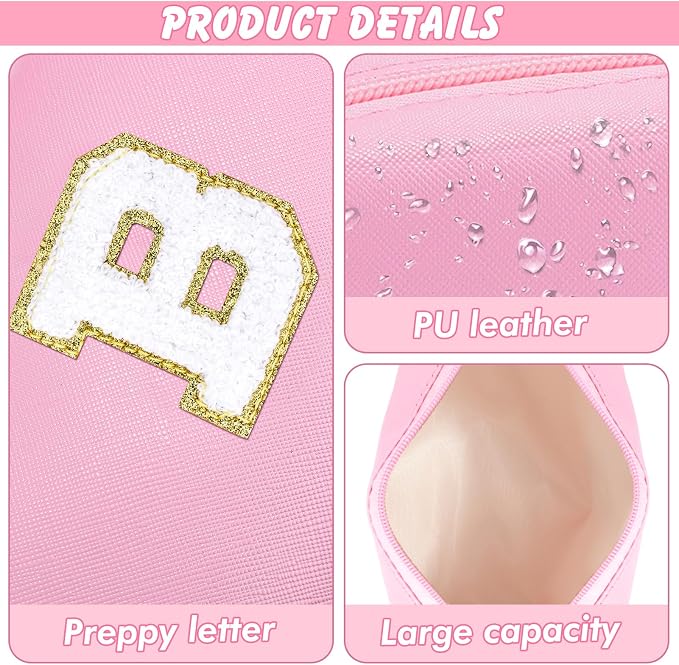 URSKYTOUS Initial Makeup Bag Personalized Preppy Travel Small Cosmetic Bag Cute PU Pink Chenille Letter Makeup Pouch for Purse Waterproof Zippered Toiletry Organizer for Women Girls Kids Friends(B)