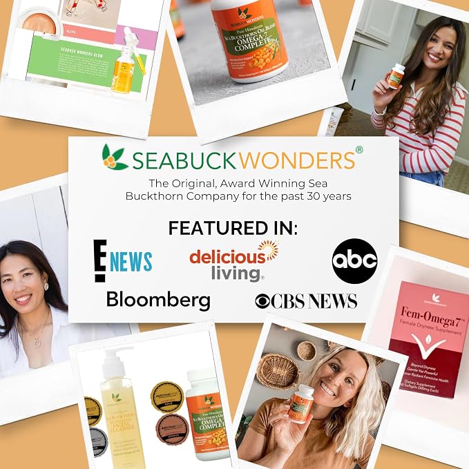 SeabuckWonders Fem-Omega7 Vaginal Moisture Support Softgels, 60 Count, 30 Day Supply, Organic Sea Buckthorn Oil Vaginal Moisturizer, Supports Female Dryness, Feminine Care