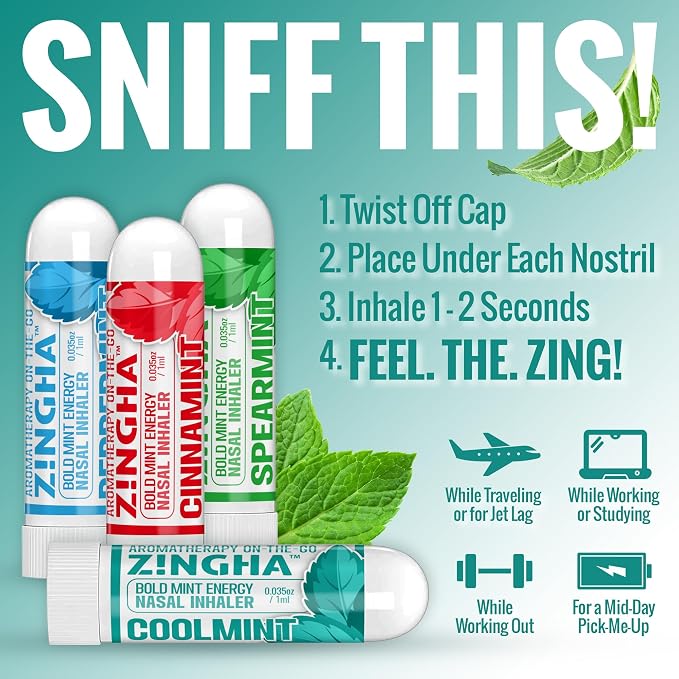Z!NGHA Natural Aromatherapy Nasal Inhaler Stick for Sinus Relief, Focus & Stress Relief | Portable Dual-Hole Essential Oil Blend (4PK, Spearmint)