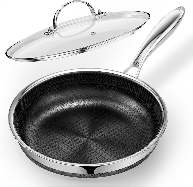 Innerwell 10 Inch Non Stick Frying Pan with Lid, Induction & Oven Safe | Titanium Ceramic Tri-Ply Stainless Steel Hybrid Nonstick Skillet, Stay Cool Handle, Heat Fast and Evenly, PFAS/PFOA/PTFE Free