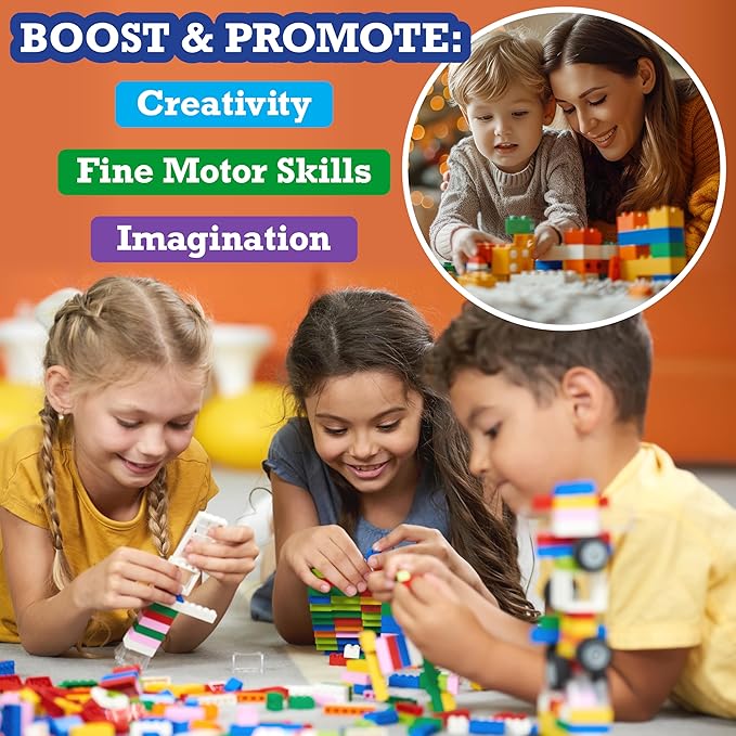 SCS Direct Building Block Bricks - Set of 1000 Pc Bulk Set -10 with 54 Roof Pieces - Compatible & Tight Fit w/All Major Brands - Great for Activity Tables, Creativity & School Projects, Kids Gift