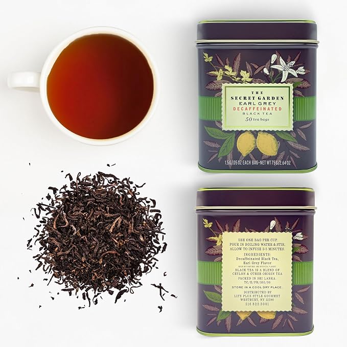 Premium Earl Grey Bergamot Decaf Tea Bags 50 Pack Designer Tin, Crafted in Sri Lanka, Naturally Decaffeinated Herbal Teabags Full Bodied Flavor, Keto. Bulk (50-Count)