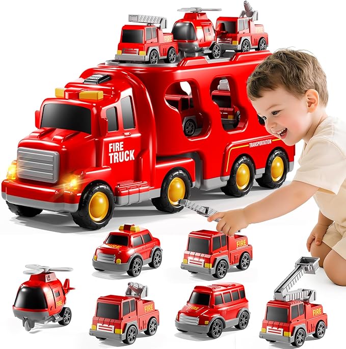 Fire Truck Toys for Toddler 1-3 3-5, 7-in-1 Fire Car Carrier Vehicle Set for Girls 1 2 3 4 5 6 Years Old, Transport Car with Light Sound, Birthdays Gifts for Kids Girls Aged 3-9