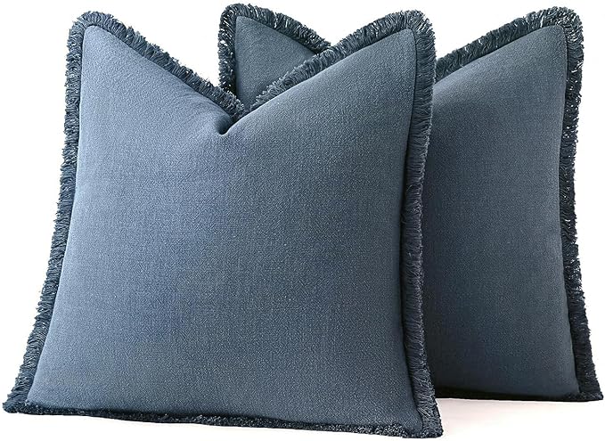 MIULEE Linen Fringe Decorative Euro Throw Pillow Covers Blue Ashes 28x28 | Set of 2, Cottagecore Decor, Boho Farmhouse Coastal Pillow Covers, Rustic Couch Cushion Cases for Sofa Bed Living Room