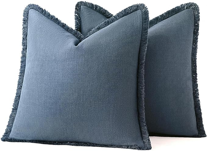 MIULEE Linen Fringe Decorative Euro Throw Pillow Covers Blue Ashes 22x22 | Set of 2, Cottagecore Decor, Boho Farmhouse Coastal Pillow Covers, Rustic Couch Cushion Cases for Sofa Bed Living Room