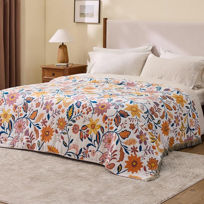 100% Cotton Boho Throw Blanket for Home Decor – Classic Farmhouse Quilt Bedding, Muslin Blankets for Adults, Vintage Woven Decorative Blanket for Couch, Bed Layering Use, Botanic Floral, 90"x90"