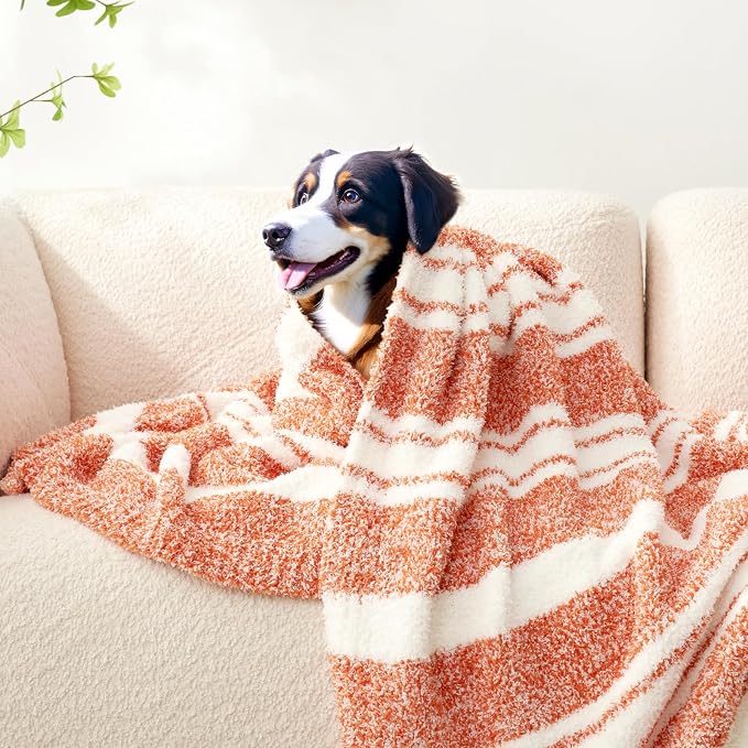 Snuggle Sac Orange Fall Throw Blanket for Couch, Reversible Super Soft Blankets Warm Cozy Knit Fuzzy Plush Blankets for Sofa,Living Room, Stripe Orange,50x60 inches