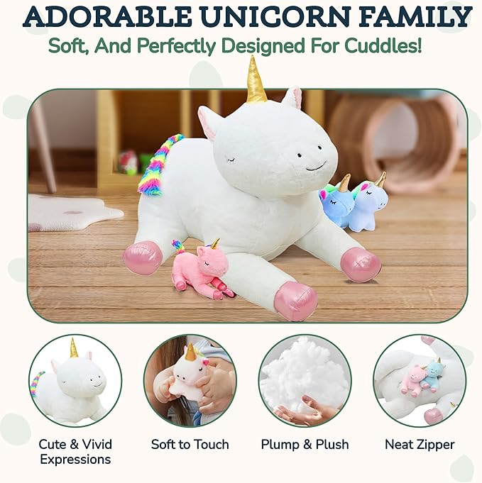 PixieCrush Giant Unicorn Stuffed Animals for Girls Ages 3 4 5 6 7 8 Years; Snugababies Family of Stuffed Mommy with 4 Baby Unicorns in her Tummy; Soft Unicorn Pillows for Girls