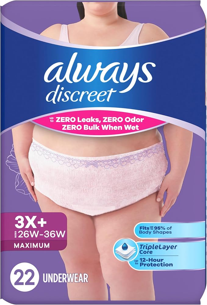 Always Discreet Reimagined Adult Diapers for Women, Maximum Absorbency Incontinence and Postpartum Underwear Size 3X+, Up to 100% Leak Free Bladder Leak Protection, 22 Count