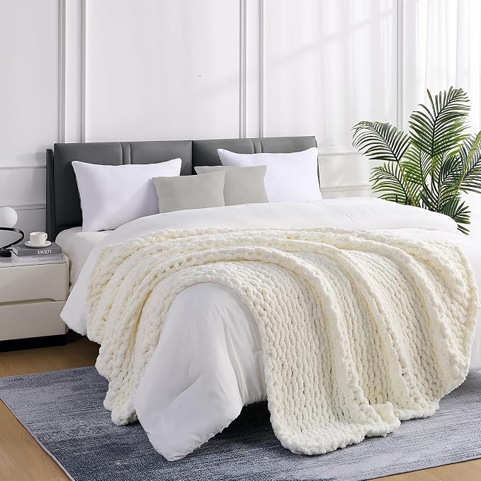 L'AGRATY Chunky Knit Throw Blanket for Couch, 60 x 80 Inches, Cream White | Handmade Chenille Crochet Blanket for Sofa Bed, Thick Cable Knitted Blankets for Room Home Decor, Birthday Gift for Women Mom