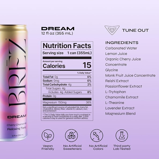 BRĒZ Dream Reishi Mushroom Drink, Non-Infused Relaxing Tonic with Reishi, Chamomile, Tart Cherry, Magnesium & L-Theanine, Vegan Adaptogen Drink for Sleep, Calm & Mood, 12 fl oz - 8 Pack