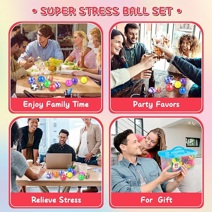 80 Pack Stress Balls for Adults, Bulk Squishy Ball, Stress Balls Set, Anti-Anxiety and Fidget Balls to Relax, Prize Box, Party Favors, Birthday Gifts, Goodie Bag Stuffers