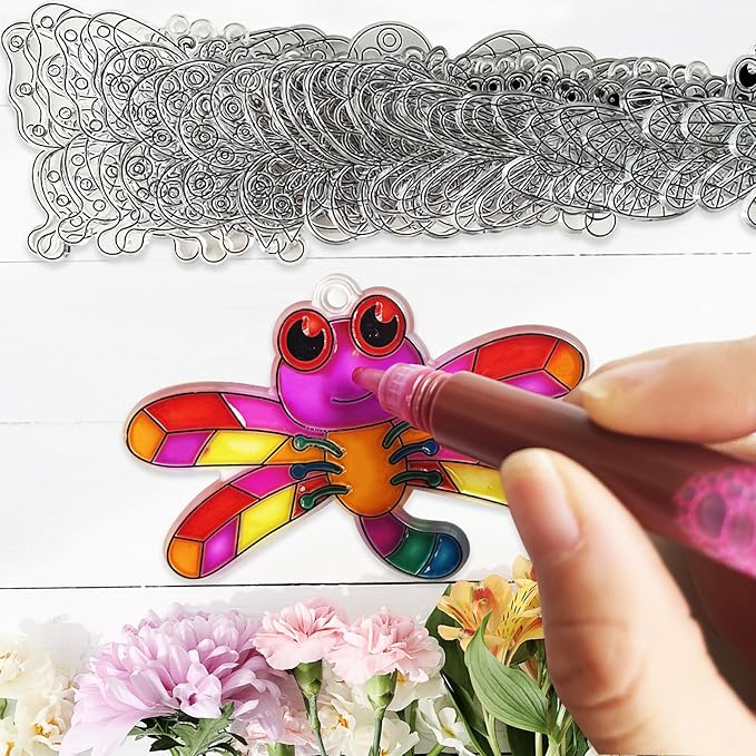 Ayhuhra 30 Sets Butterfly Suncatchers Crafts Kit Dragonfly Suncatcher DIY Window Paint Art Suncatcher Kits for Classroom Spring Summer Easter Party Activities Art Project Party Favors