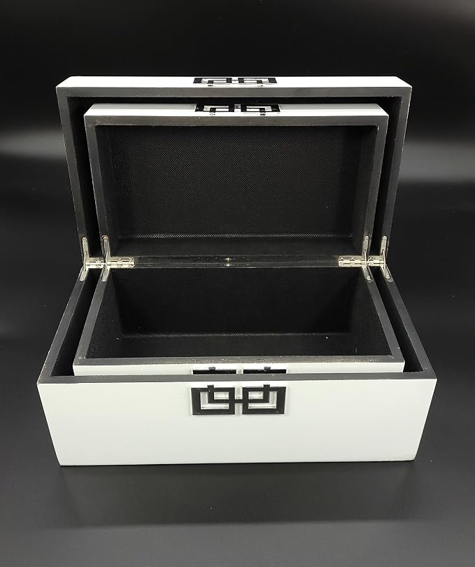 Galt International Storage Box Set Decorative Storage Box w/Hinged Lid Classic Design Wood Decor Boxes with Geometric Clasp Storage for Bedroom & Home - Set of 2 (White & Silver)