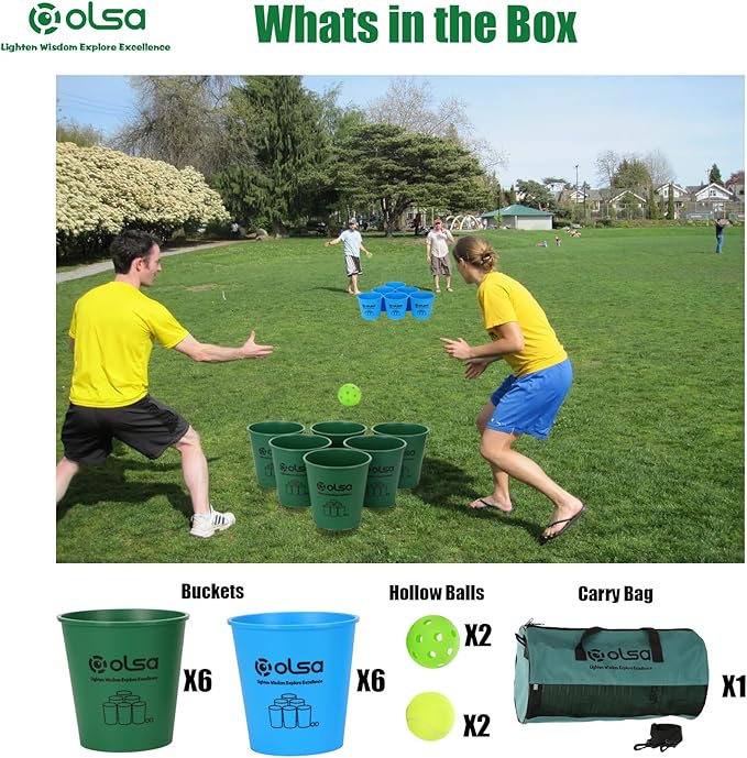Olsa Giant Yard Pong Outdoor Games, Toss Family Game with 12 Buckets, Balls & Strength Carrying Bag for Yard Beach Lawn Games for Adults and Family (Green & Blue)