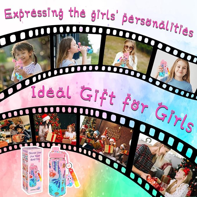 7july Decorate Your Own Water Bottle Kits for Girls Age 4-6-8-10 (Stainless Steel),Mermaid Themed Painting Crafts,Fun Arts and Crafts Gifts Toys for Girls Birthday Christmas