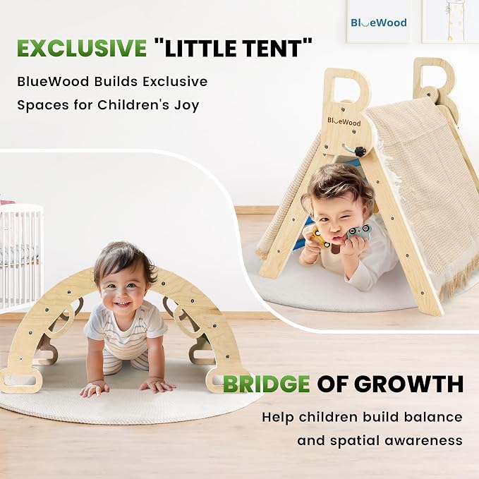 BlueWood Pikler Triangle Set with Safe Handle, Foldable 7-in-1 Montessori Toddler Climbing Toys Indoor, Wooden Pickler Climbing Set, Baby Jungle Gym & Playground, Climbing Toys for 1-3 Year, Sky Blue