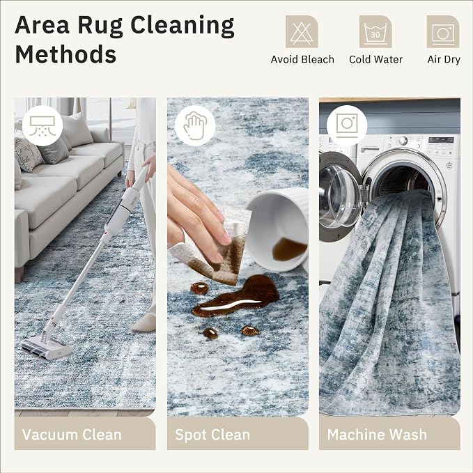 Soalmost Abstract 3x5 Rugs, Small Kitchen Entryway Area Rug Blue/Grey | Vintage Low Pile Carpet for Nursery Coffee Table Bathroom, Foldable Stain Resistant Indoor Door Mat Entrance Powder Room