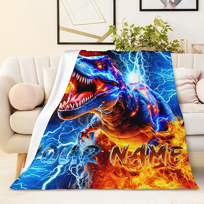 Boys Dinosaur Blanket Personalized Throw Blankets Gift for Kids Teens, 40X50 Inches Comfy Soft All Season Custom Throw for Sofa Chair Bed Office Home Decor