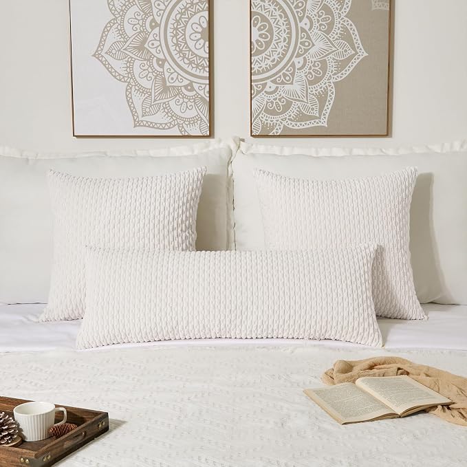 Kevin Textile Soft Corduroy 14"x24" Lumbar Pillow Cover 1 Pack, Pure White | Boho Stripe Plush Corduroy Decorative Oblong Cushion Cover Modern Farmhouse Home Decor for Sofa Couch Bed Chair
