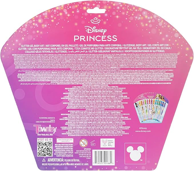 Townley Girl Disney Princess 16 Piece Glitter Pen Body Art Set, Glittery and Bright Colors, Ages 3