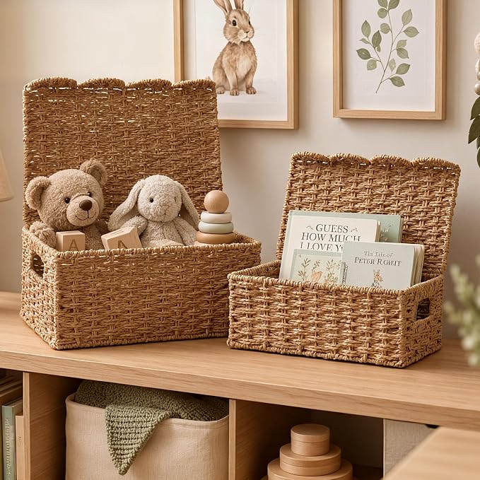Set of 2 Scalloped Wicker Baskets with Lid,Paper Rope Decorative Storage Baskets for Shelves, Display Shelf, Handmade Cute Woven Basket for Nursery,Living Room Decor