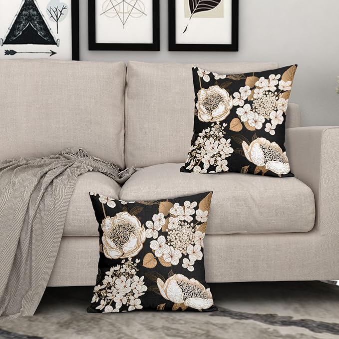 Vintage Flowers Pillow Covers 20X20 Inch Set of 2 White Floral Gold Leaves Botanical Decorative Pillow Cases Rustic Black Cotton Linen Cushion Case Farmhouse Home Decor For Sofa Couch Living Room