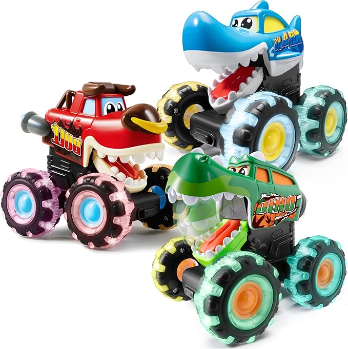 JOYIN 3 Pack Monster Truck Toy - Motion Activated Light Up Cars for Toddlers - Monster Glow Rover LED Wheels - Baby Boy Toys - Press and Go Dinosaur Trucks for Kids Valentines Day Boy Birthday Gifts