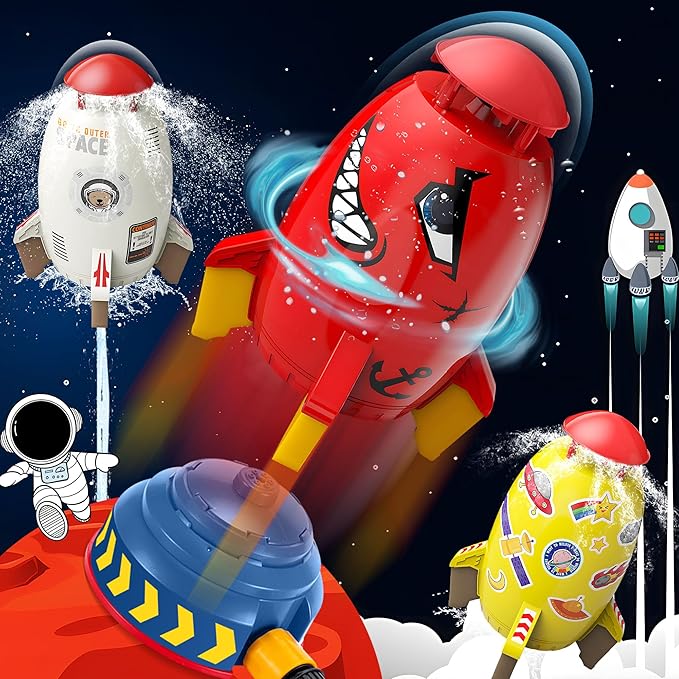 Water Rocket Launcher Sprinkler for Kids – Outdoor Summer Water Toys with Rocket Design & 360° Spin, Backyard Fun for Boys Girls Ages 3-12, Holiday & Birthday Gift