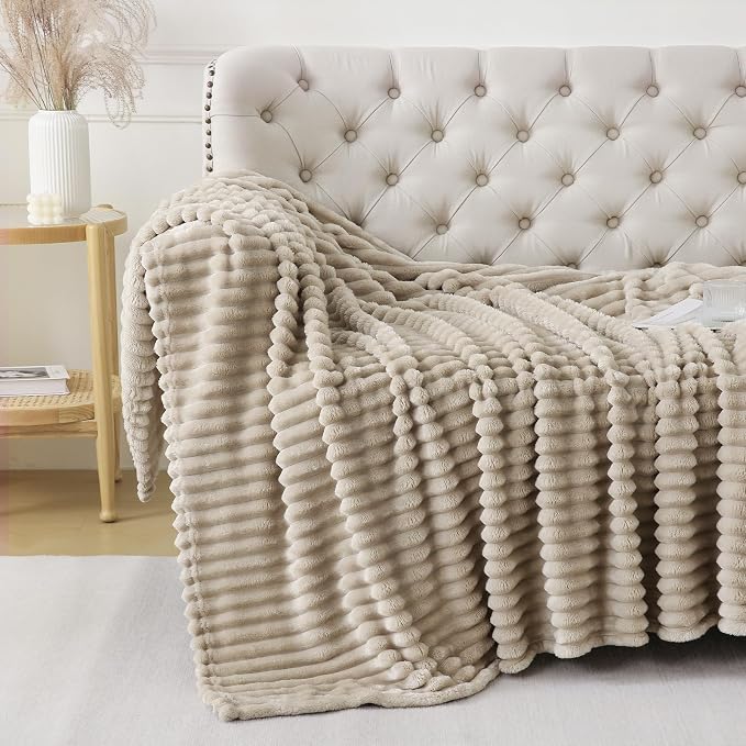 Khaki Throw Blanket for Couch Sofa 108x90 inches Striped Design | Fleece Blankets Room Home Decor Lightweight Plush Soft Cozy Gifts for Women Mom