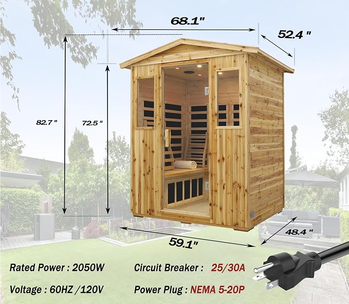 LTCCDSS Low EMF Outdoor Far Infrared Sauna 4-Person, Hemlock Wood Sauna for Home- Bluetooth Speakers, LED Reading Lamps, Chromotherapy Lights, 68.1 * 52.4 * 82.7 in
