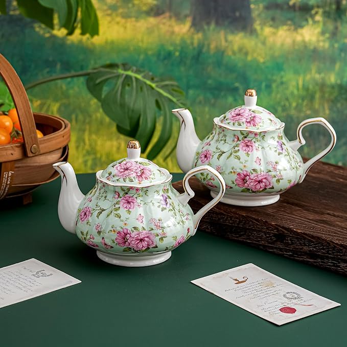 Agyiuns Flower Ceramic Teapot,22oz Porcelain Tea pot for Tea Coffee Milk for Office Home Men Women as Gift (Green)