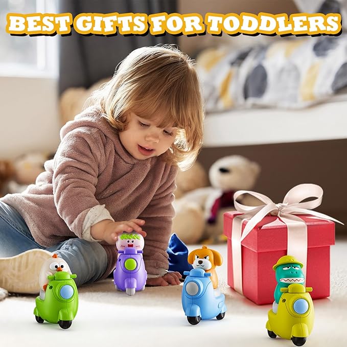 Press and Go 4-Pack Animal Car Toys for Toddlers 1-3, Dinosaur Toys Push Cars for 1 Year Old Boys Girls - Baby Toys 12-18 Months, Safe Push & Go Vehicles for 1st Birthday Gifts & Christmas.
