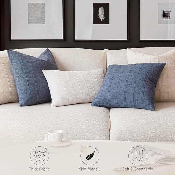 Foindtower Set of 2 Decorative Linen Check Throw Pillow Covers Neutral Farmhouse Lumbar Cushion Covers Modern Boho Home Decor for Sofa Chair Couch Bedroom Living Room,12×24 Inch,Natural Beige