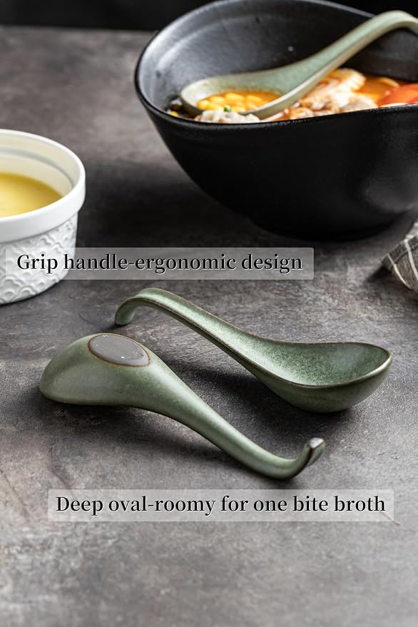 Asian Soup Spoon, Chinese Soup Spoons, Ramen Spoons, Japanese Ceramic Soup Spoon Set of 6,Thanksgiving Christmas Kitchen With Long Handle for Serving, Ramen, Pho, Noodles, Green
