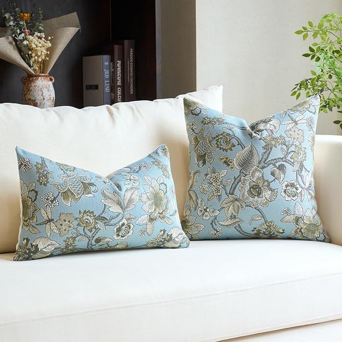 Neutral Floral Pillow Cover 12x20, Vintage Linen Lumbar Pillow Cover Soft Decorative Farmhouse Accent Pillow Case for Couch Bedroom Living Room Home Decor, Blue