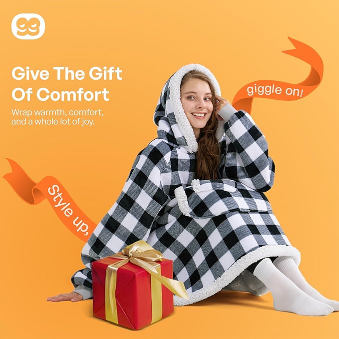 Giggling Getup Wearable Blanket Hoodie for Adults Gifts for Teen Girls Sister Women Sherpa Fleece Printed Hooded Blanket Sweatshirt Warm Cozy with Pocket & Sleeves Black Plaid