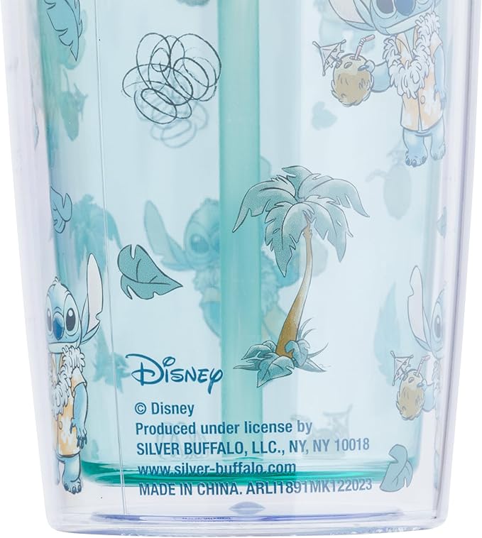 Silver Buffalo Disney Lilo and Stitch Featuring Stitch in Hawaiian Shirt, Lei, and Coconut Drink and Tropical Vibes Pattern Spill Resistant Plastic Tumbler and Straw, 20 Ounces