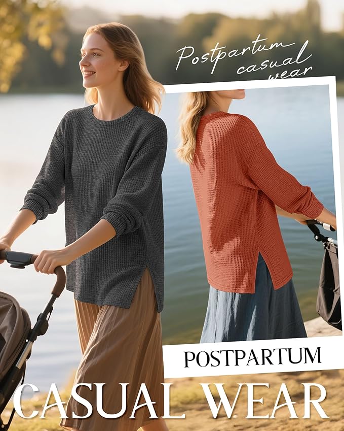 3 Pack Women's Maternity Shirts Long Sleeve Waffle Knit Side Split Oversized Tops Pregnancy Clothes Fall Tees